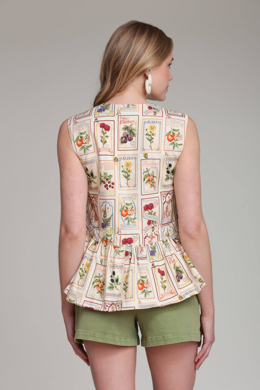 Linen Blend Fruit Floral Peplum Top