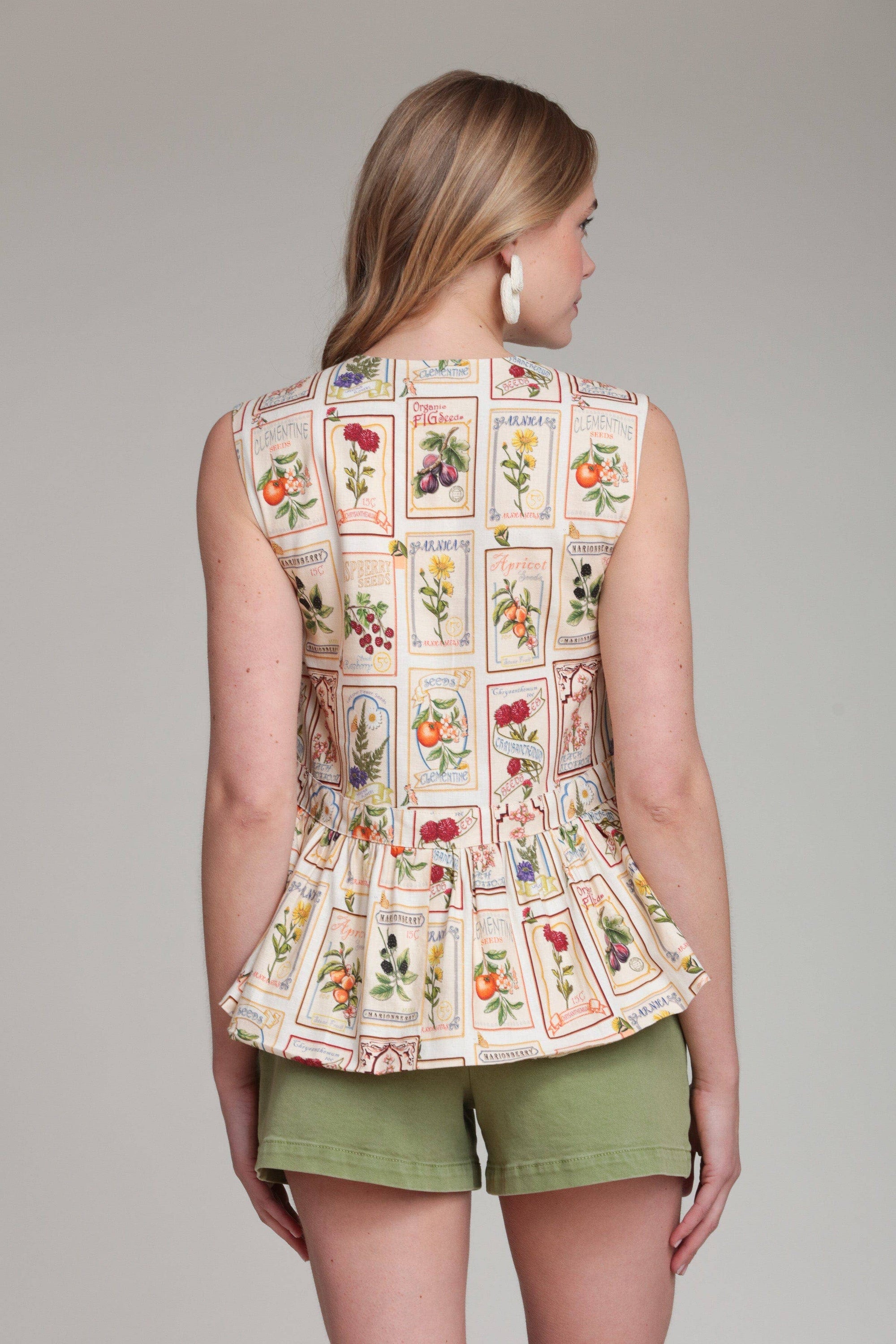 Linen Blend Fruit Floral Peplum Top