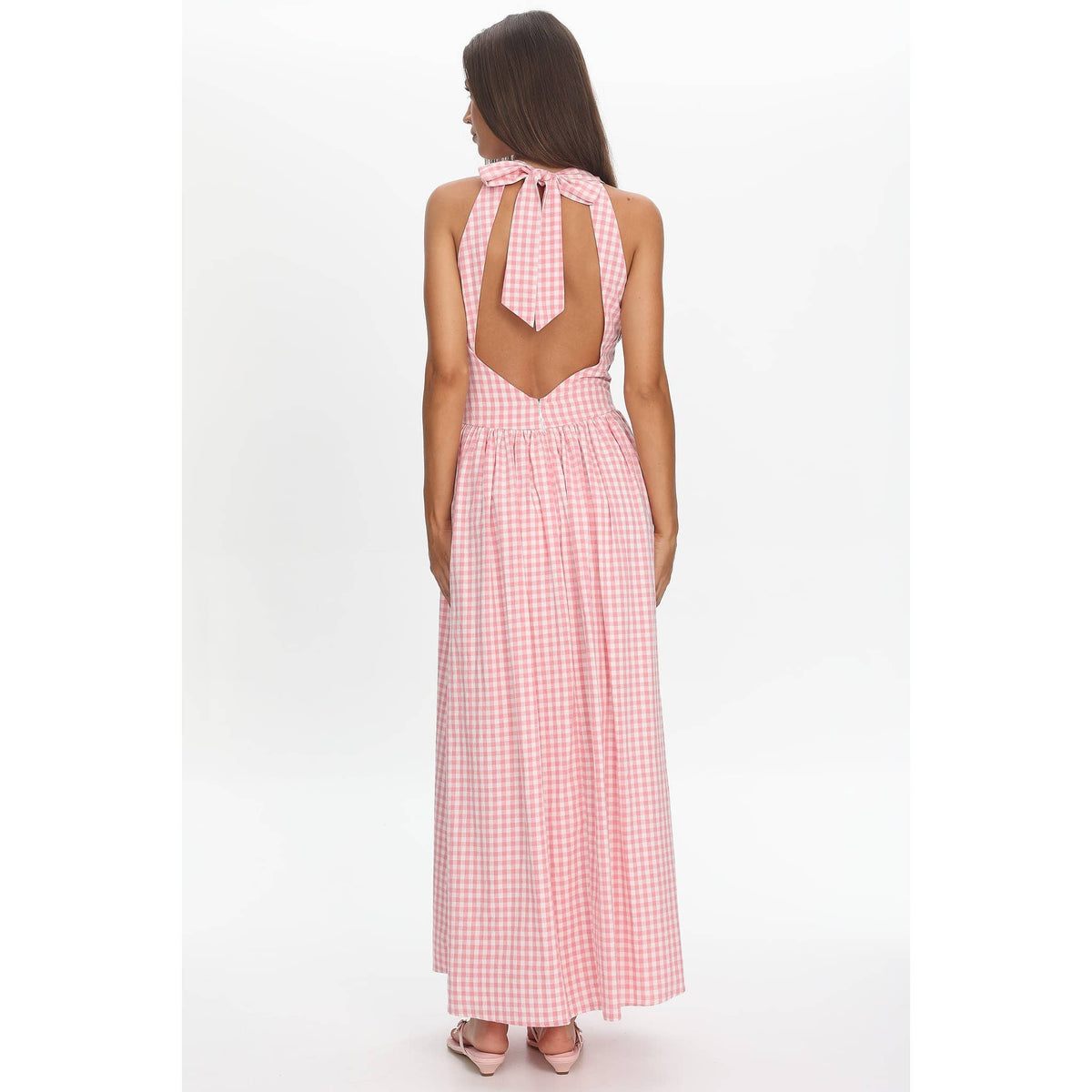 SLEEVELESS HALTER GINGHAM MAXI DRESS