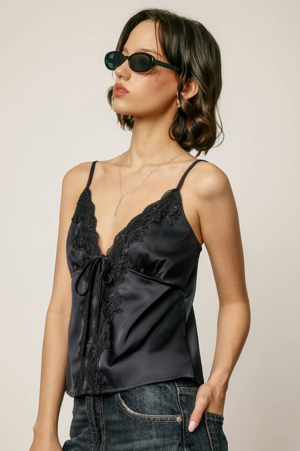Satin Lace Tie Front Cami Top