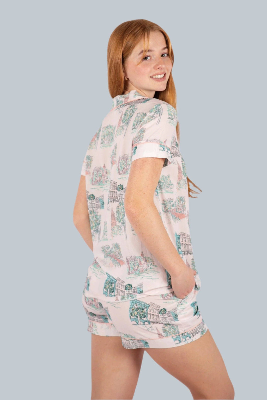 Charleston Scene Pink Button Down Short Set Pajamas
