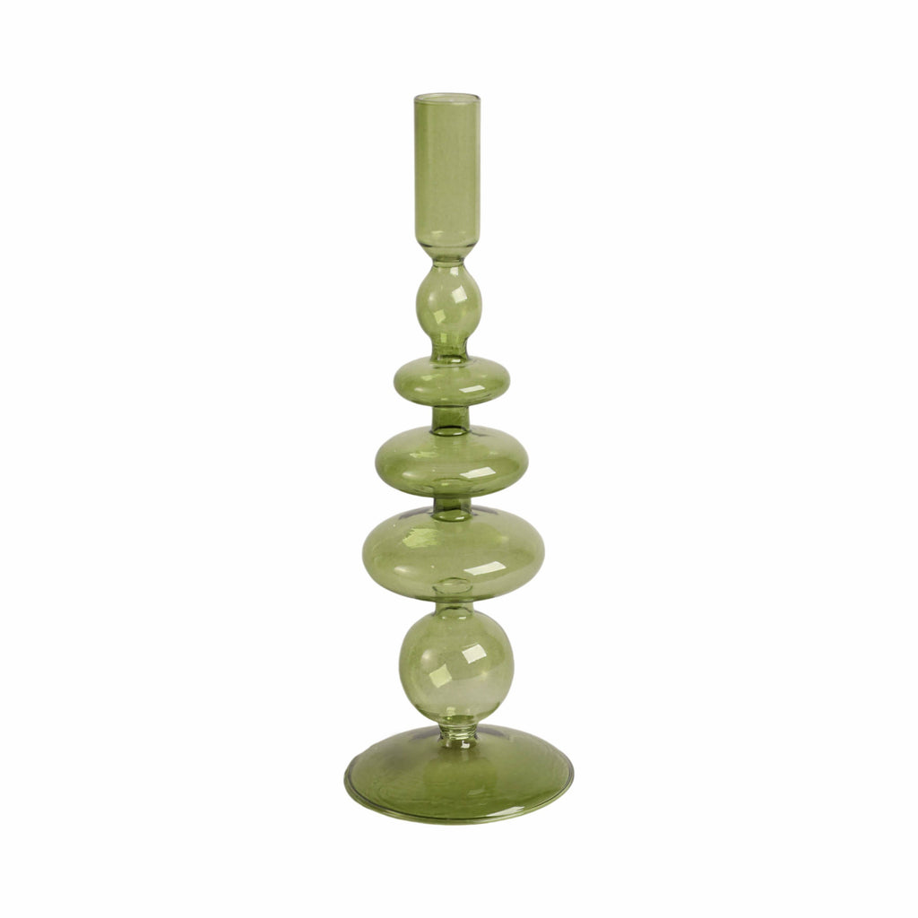 Glass Vintage Bubble Taper Candle Holder - Green, 11 in.