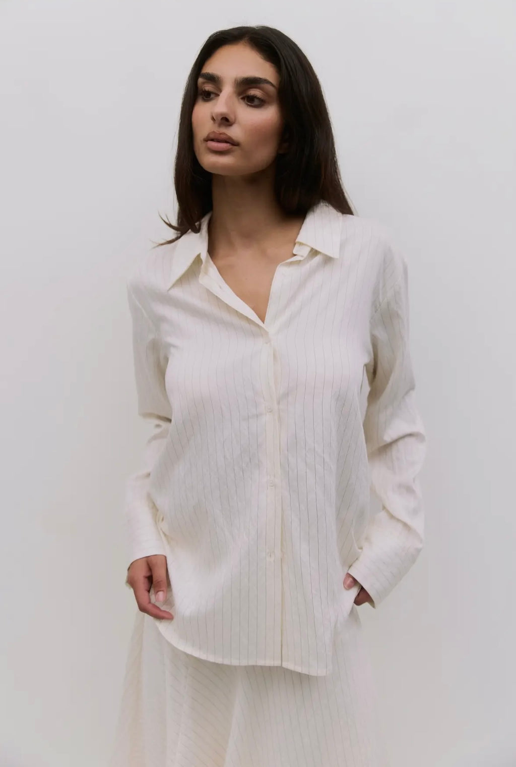 The Alexandra Top | Pinstripe Button-Down Shirt