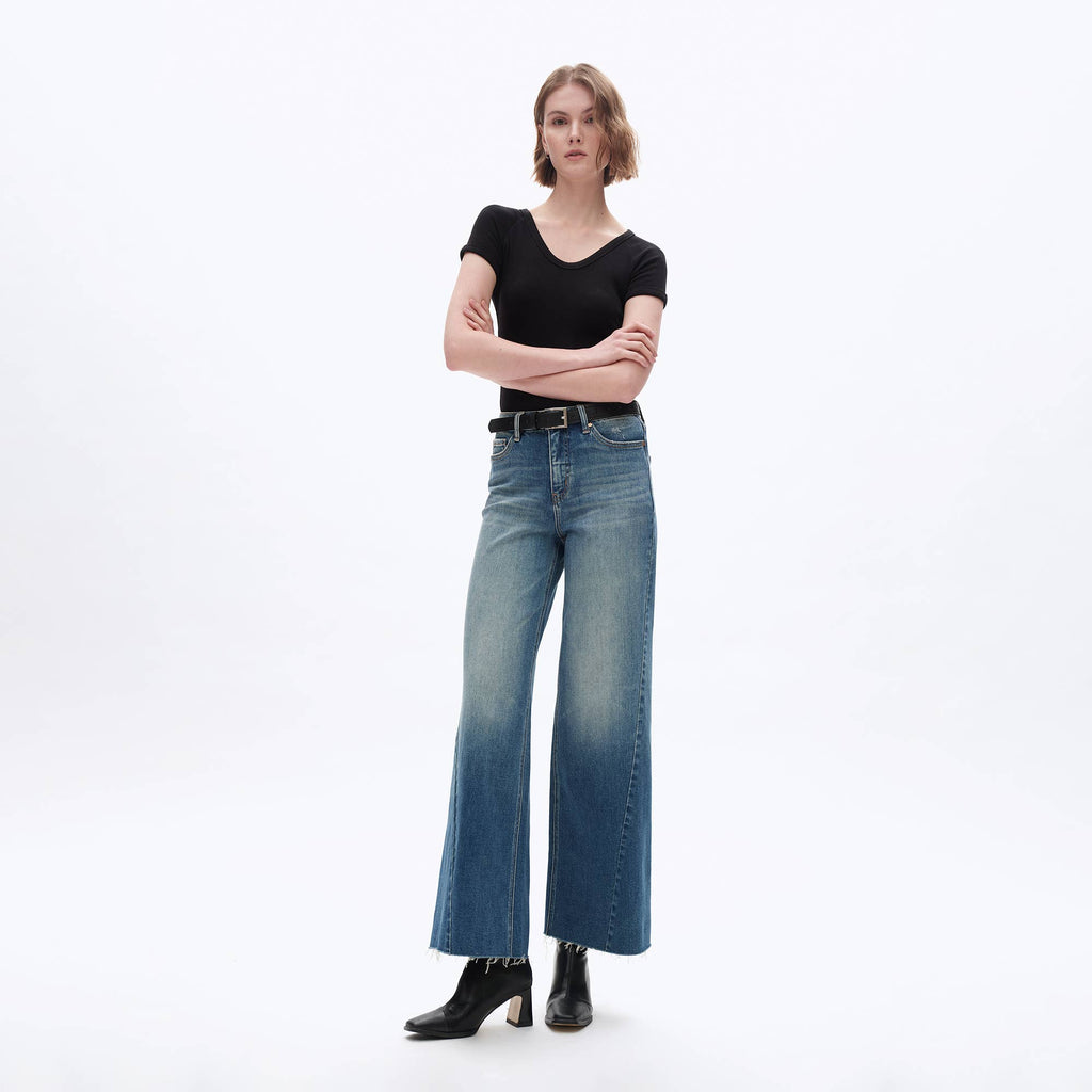 HIGH RISE WIDE LEG DENIM JEANS WITH RAW HEM