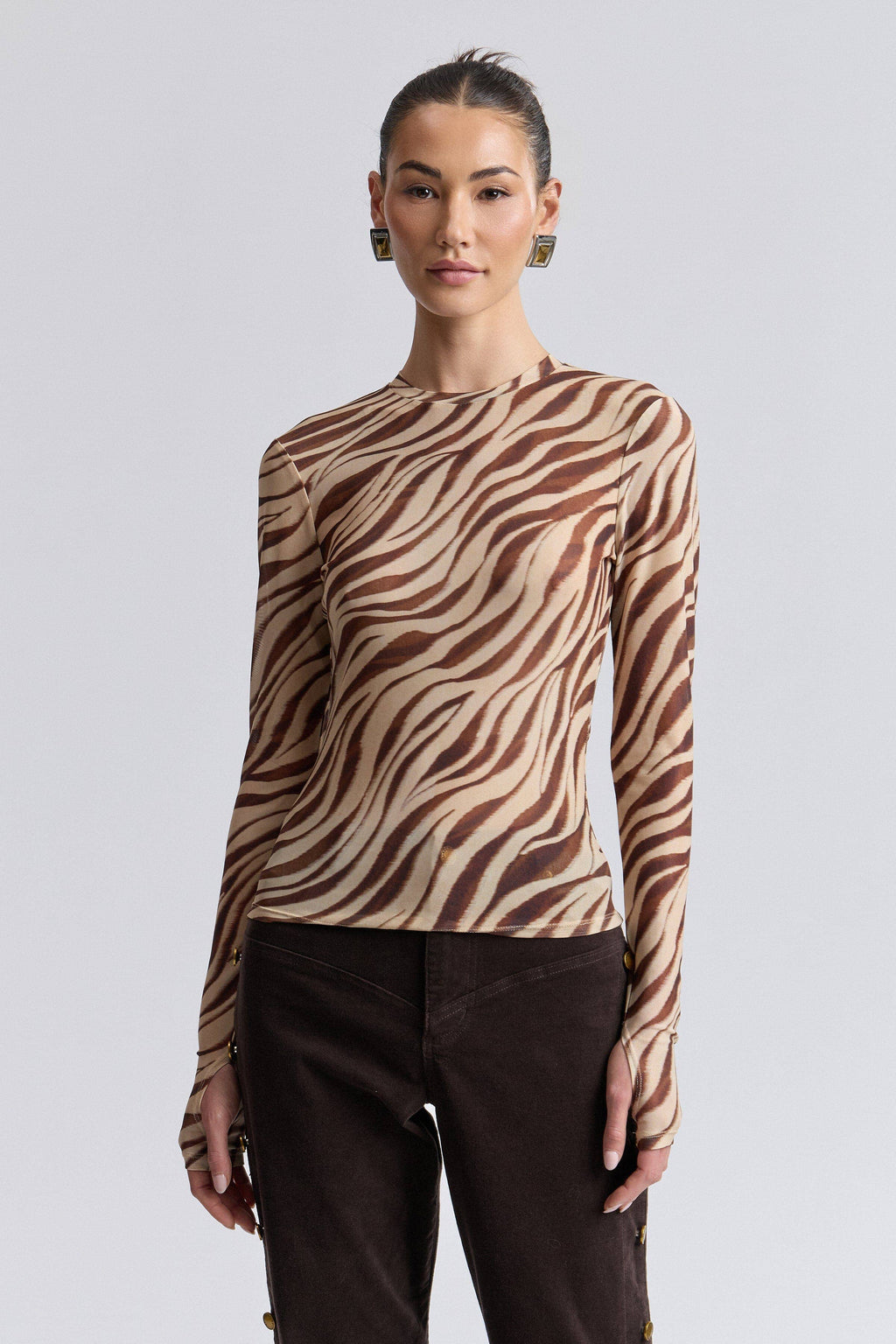 Zebra Stretch Mesh Thumbhole Top