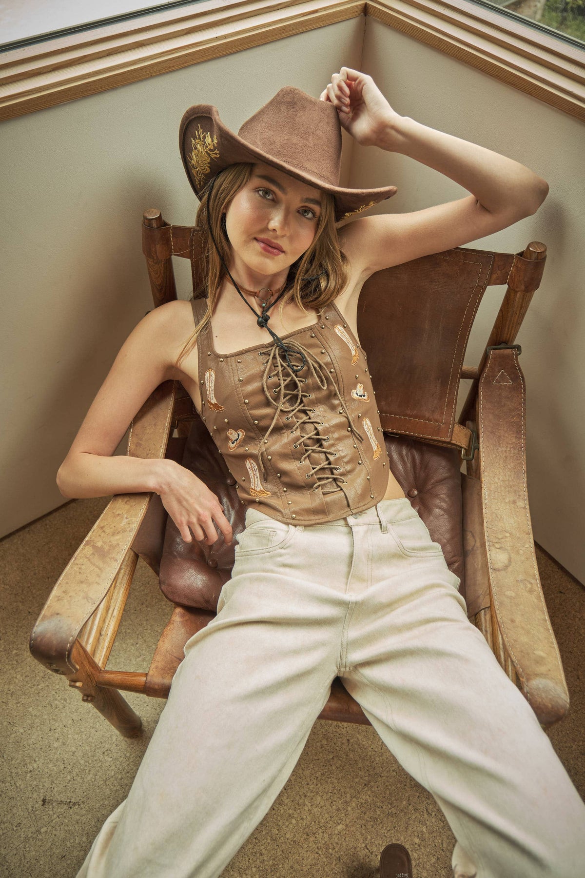 Leather Corset Bustier with Embroidery