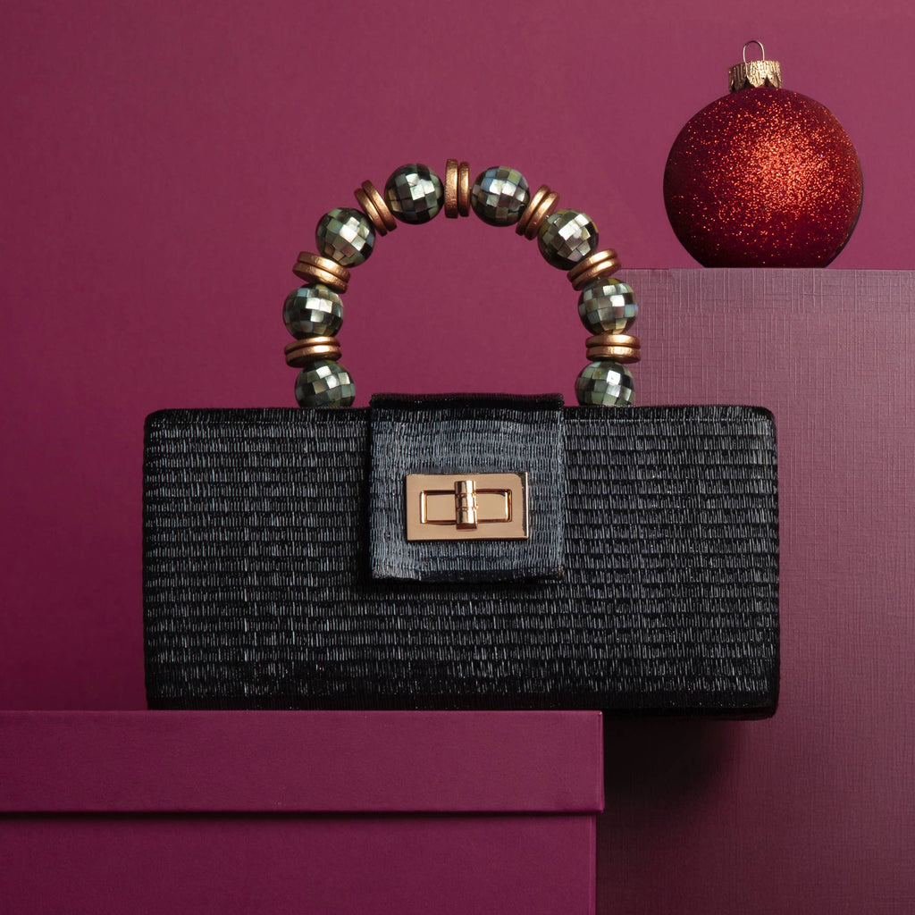 Christmas Evening  Bag - Black with Shell Inlay Bead Handle