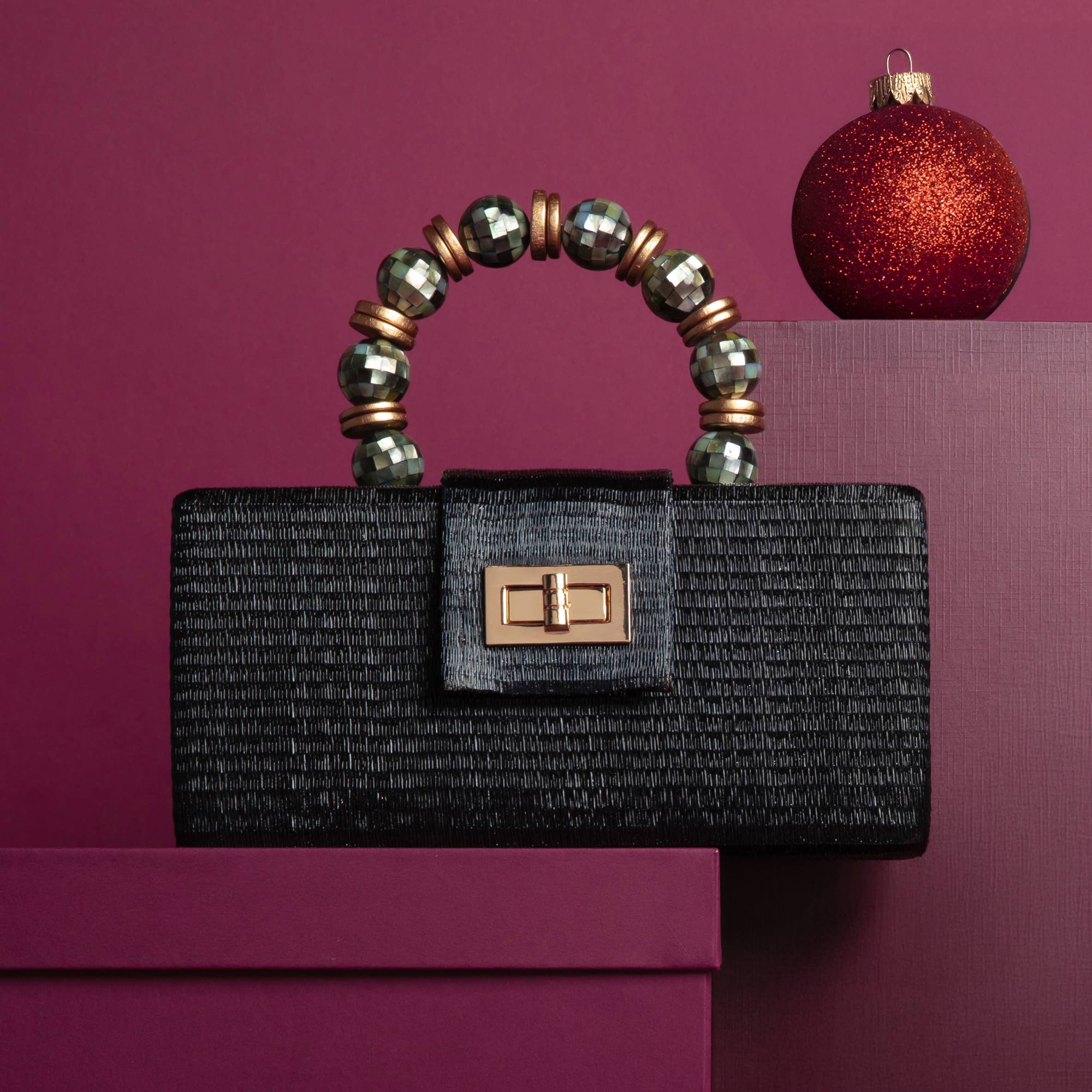 Christmas Evening  Bag - Black with Shell Inlay Bead Handle