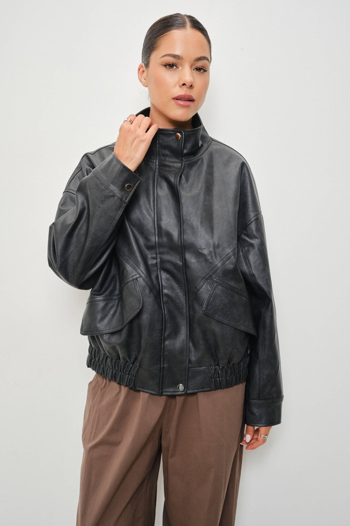 KARI LEATHER FUNNEL NECK OVERSIZED JACKET