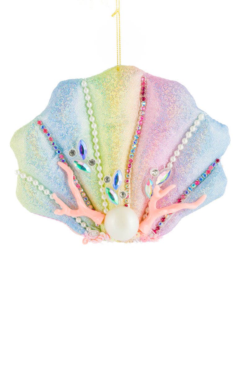Rainbow Scallop Shell Ornament With Jewelled Coral