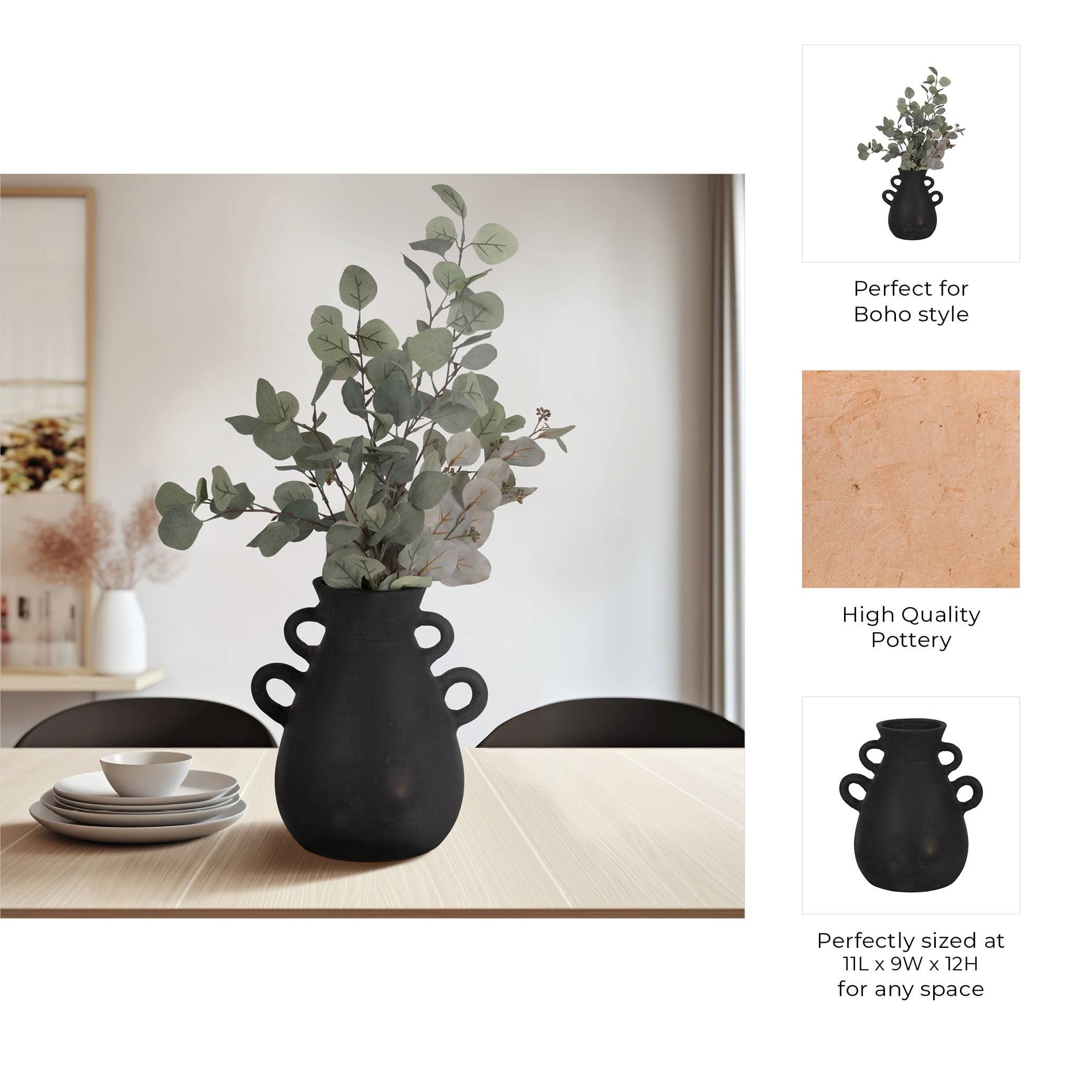 Ceramic Tall Flower Vase with 4 Handles - Black, 13 in.