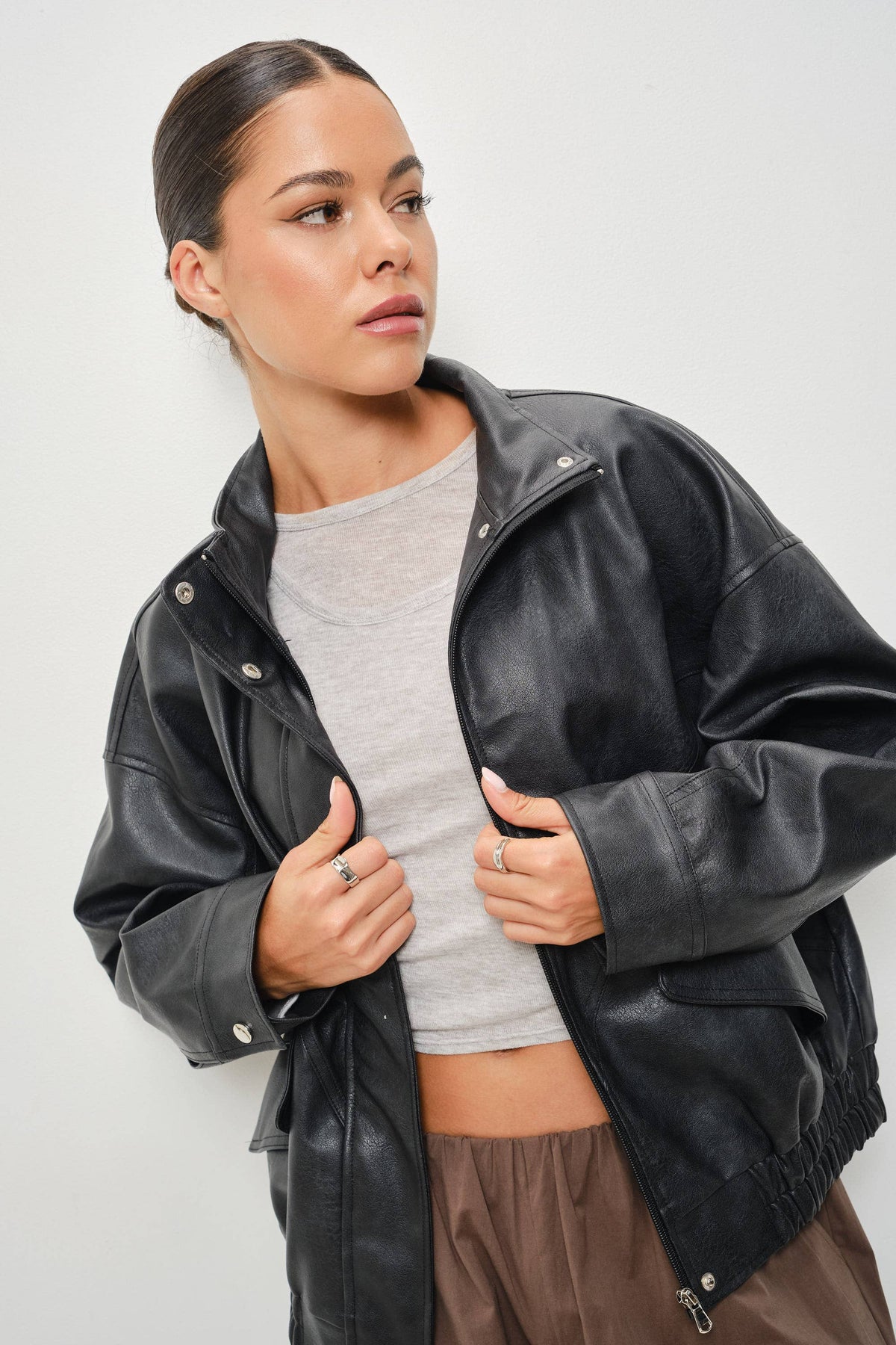 KARI LEATHER FUNNEL NECK OVERSIZED JACKET