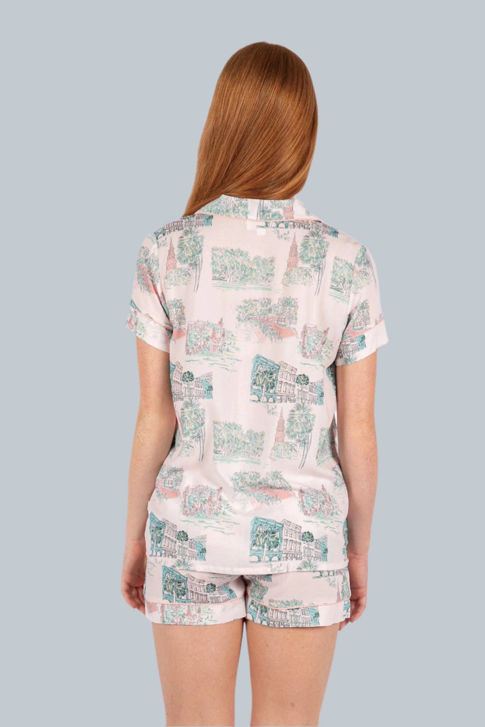Charleston Scene Pink Button Down Short Set Pajamas