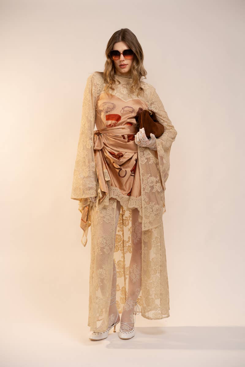 Sheer Lace Kimono Sleeve Maxi Dress