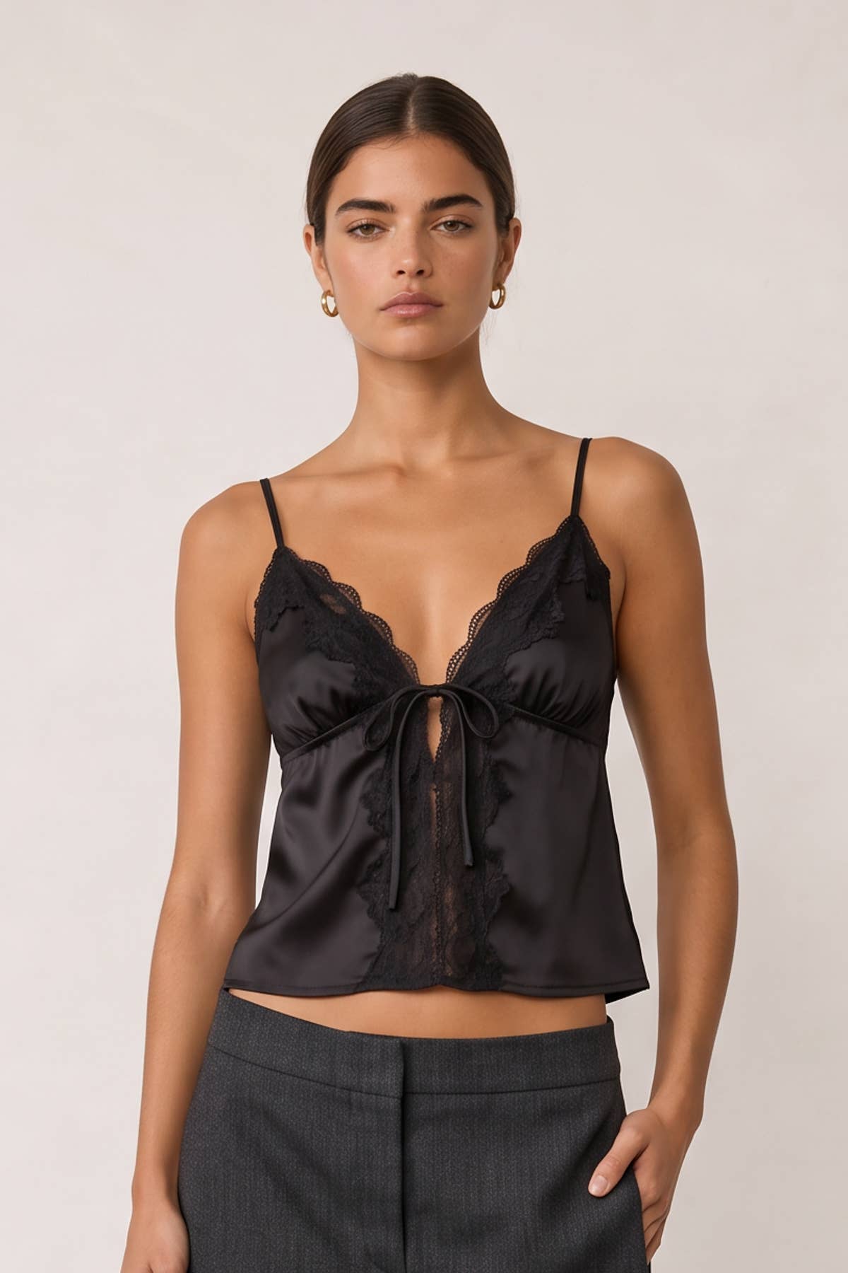Satin Lace Tie Front Cami Top