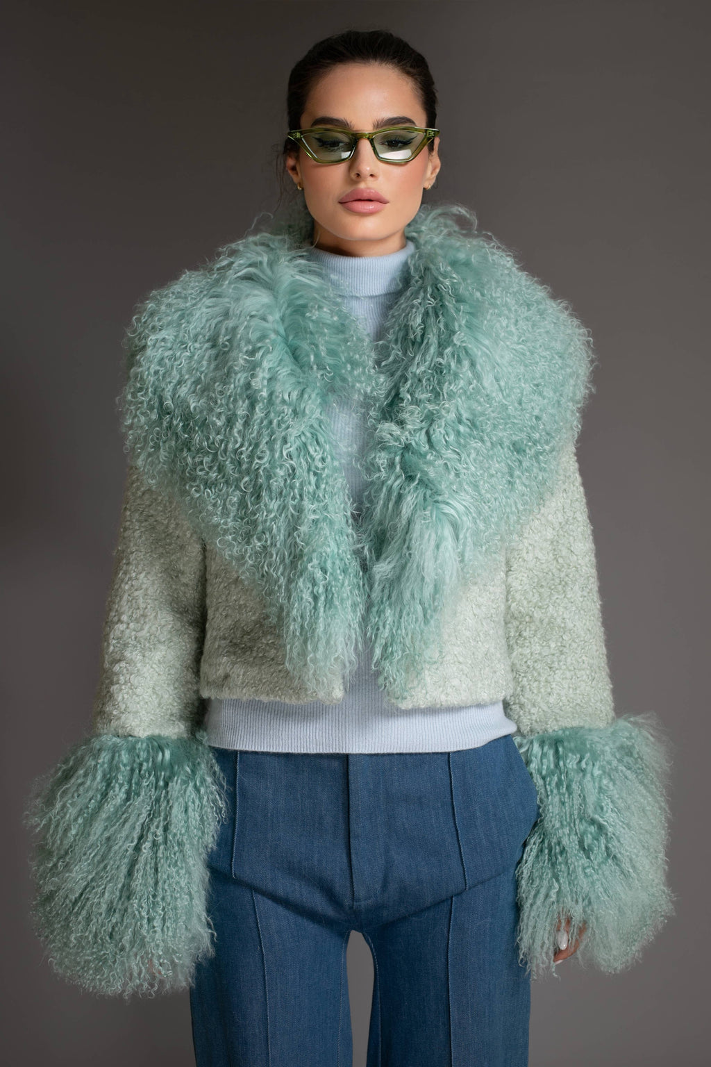 Mint Green Cropped Mongolian Shearling Coat