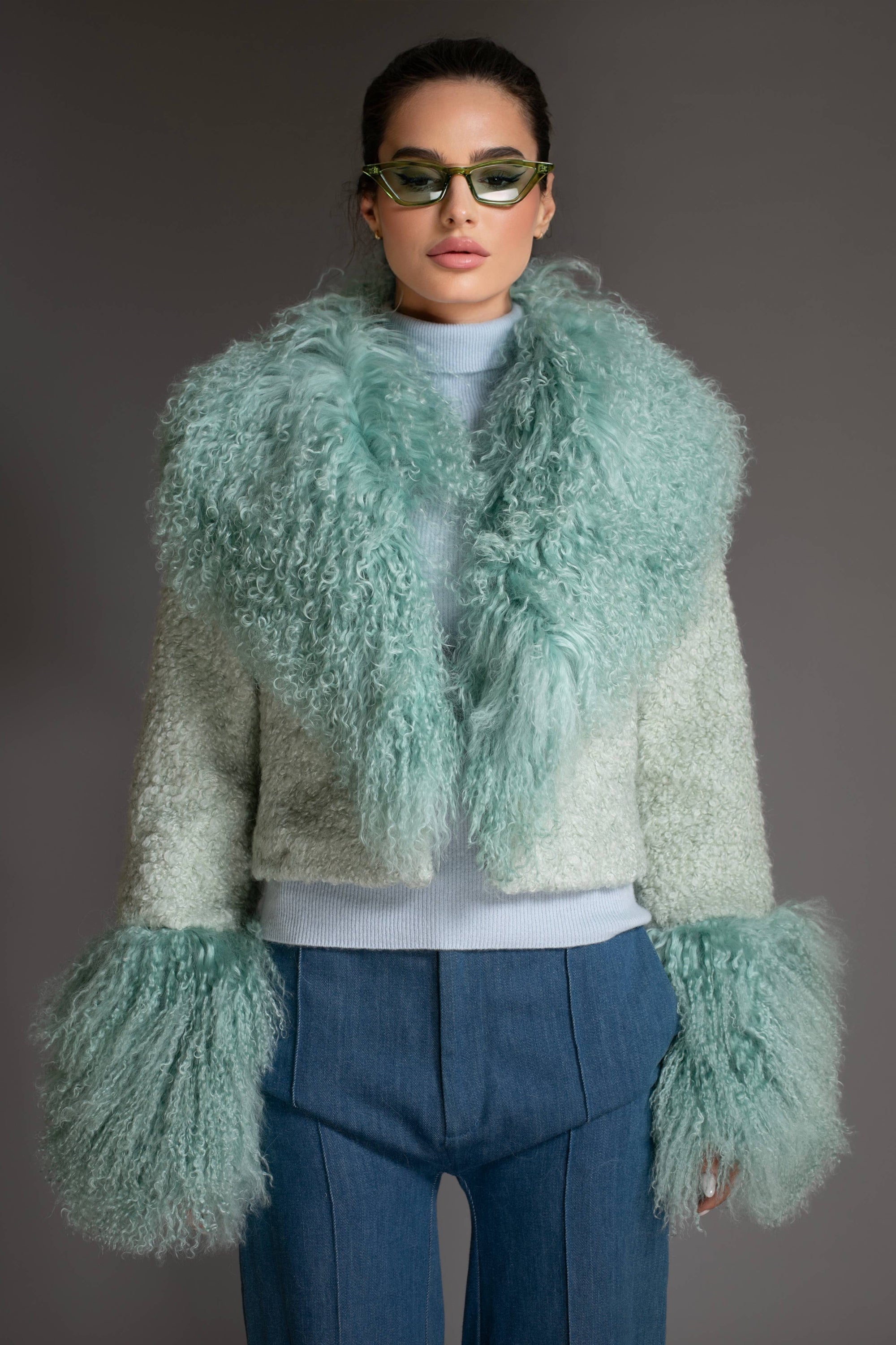 Mint Green Cropped Mongolian Shearling Coat