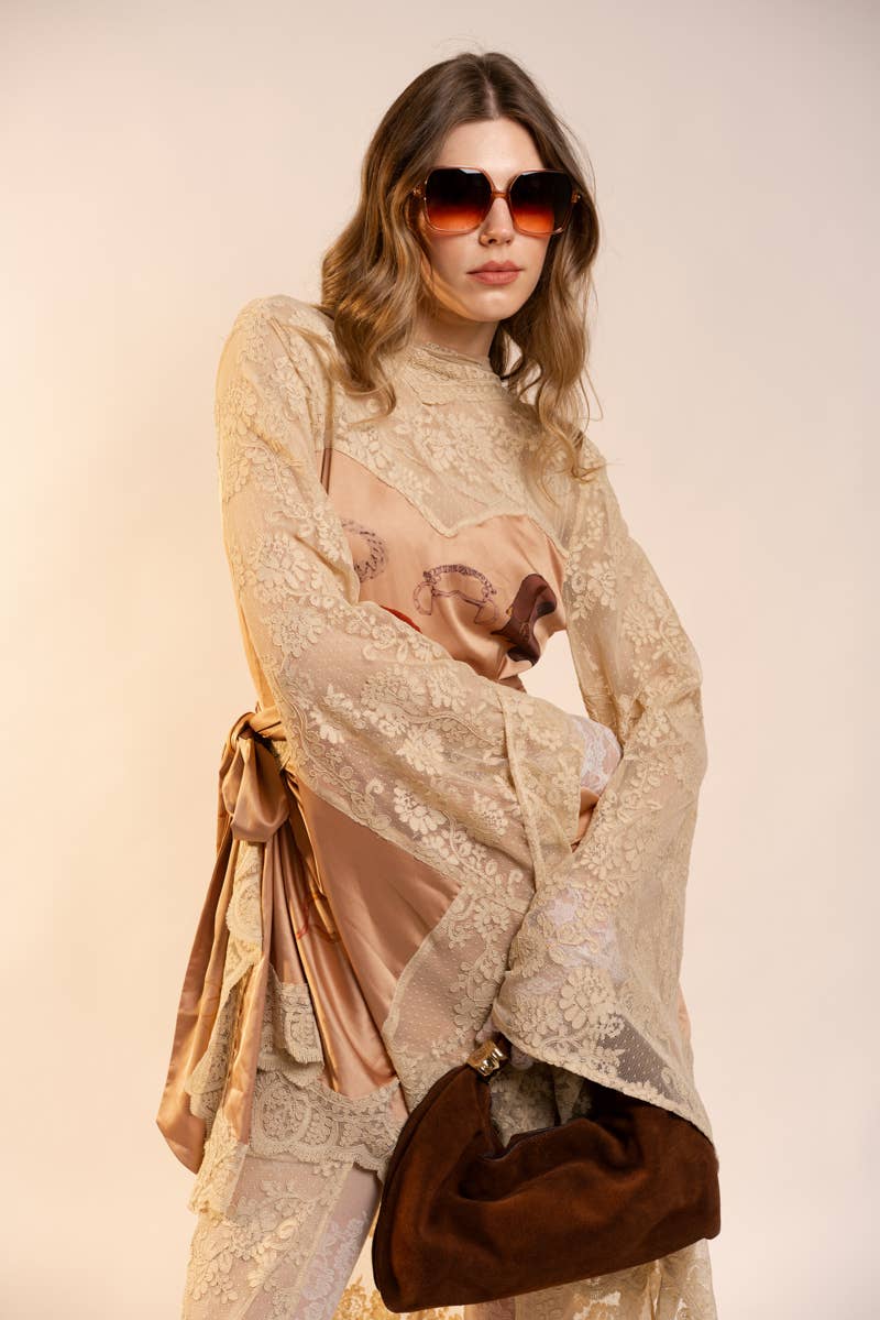 Sheer Lace Kimono Sleeve Maxi Dress