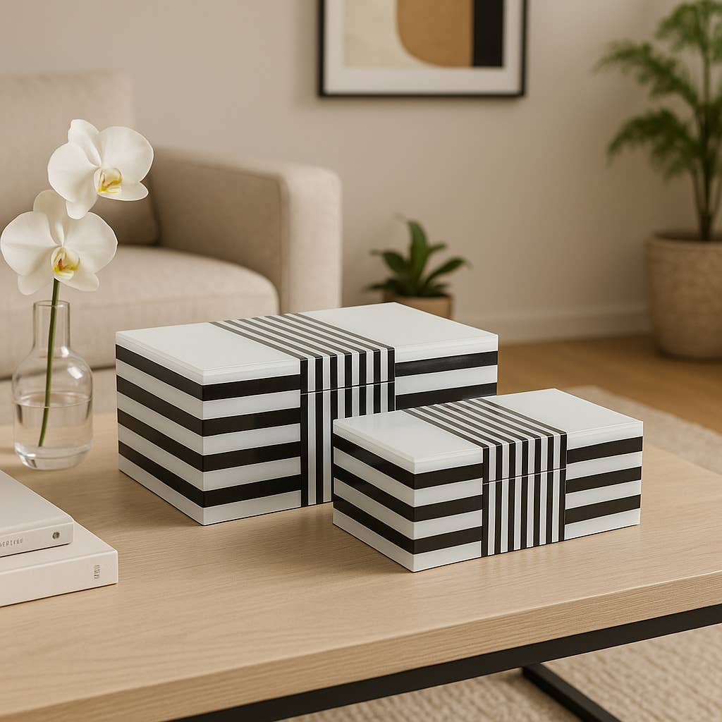 Wood Striped Storage Boxes Set of 2 - Black, 8/11 in.