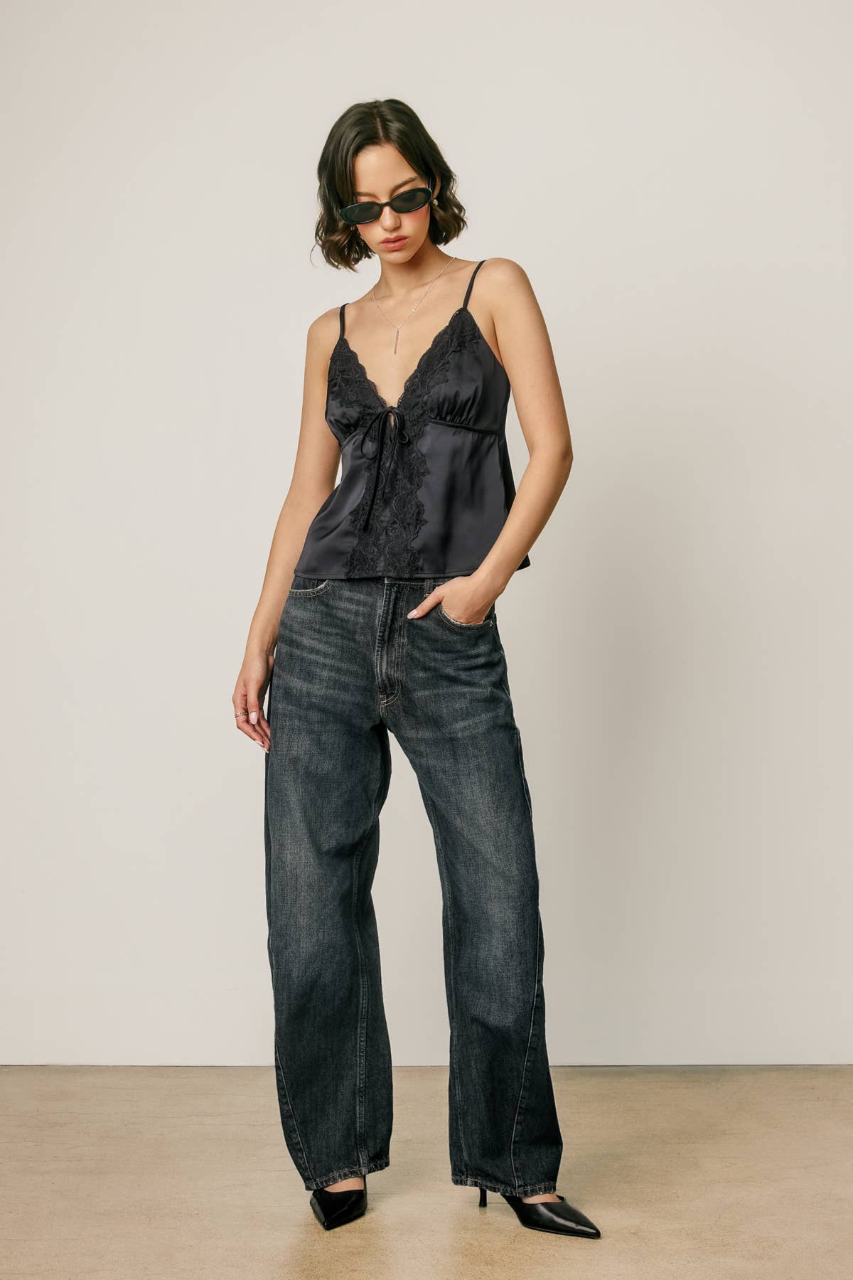 Satin Lace Tie Front Cami Top