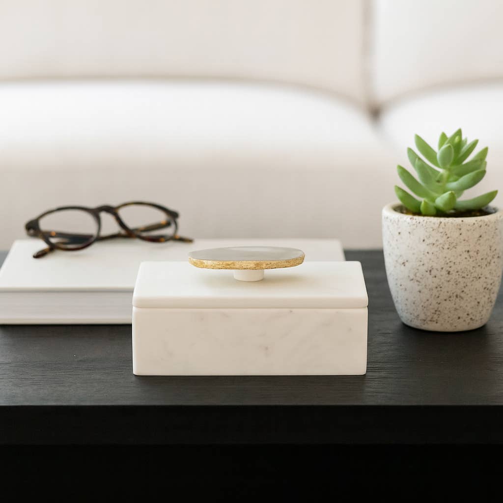 Marble Agate Top Lidded Storage Box - White/Gold, 3 in.