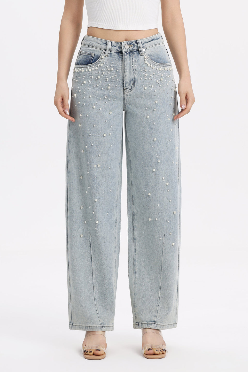 Pearl Embellished Barrel Leg Jeans