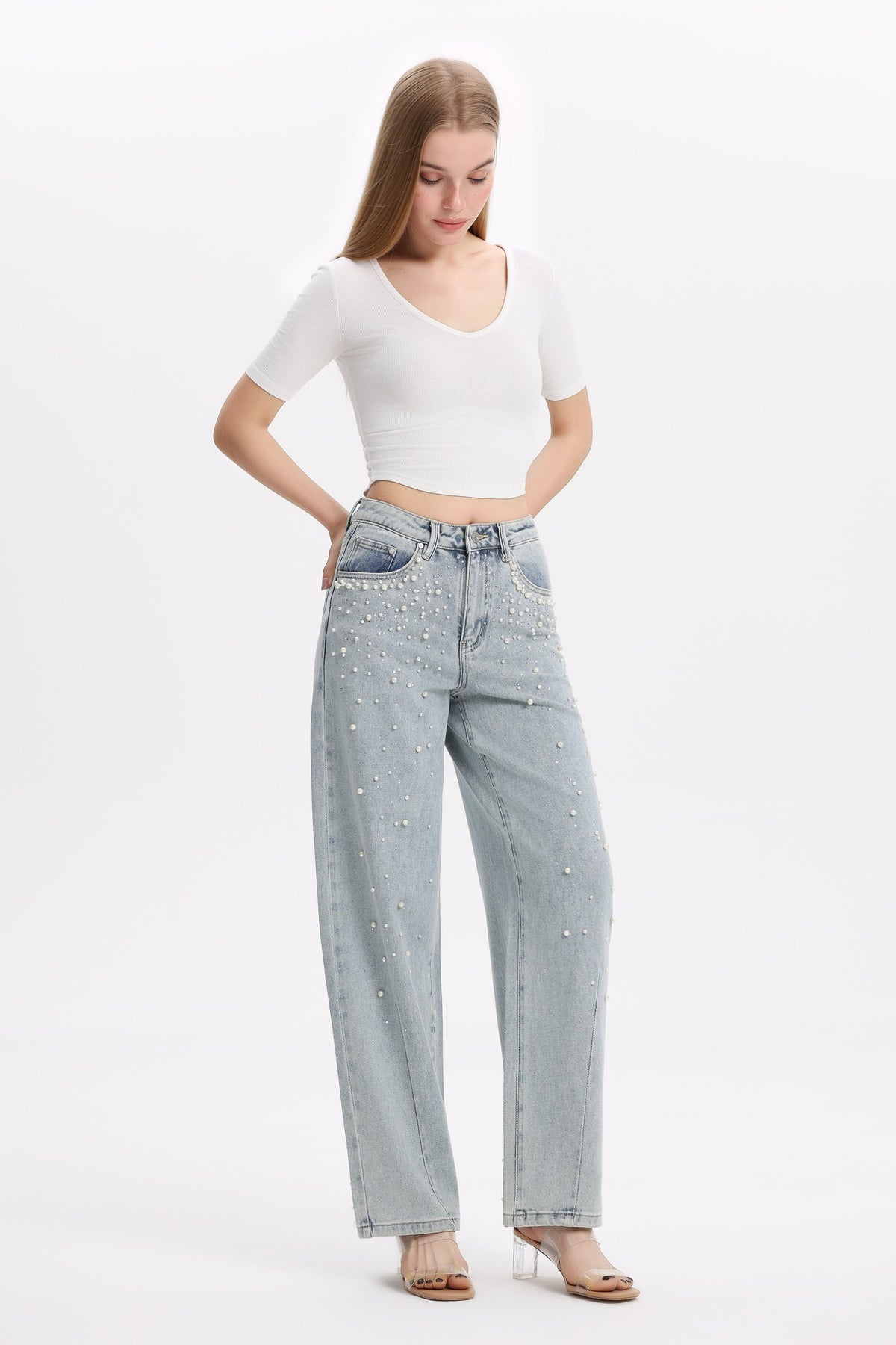 Pearl Embellished Barrel Leg Jeans