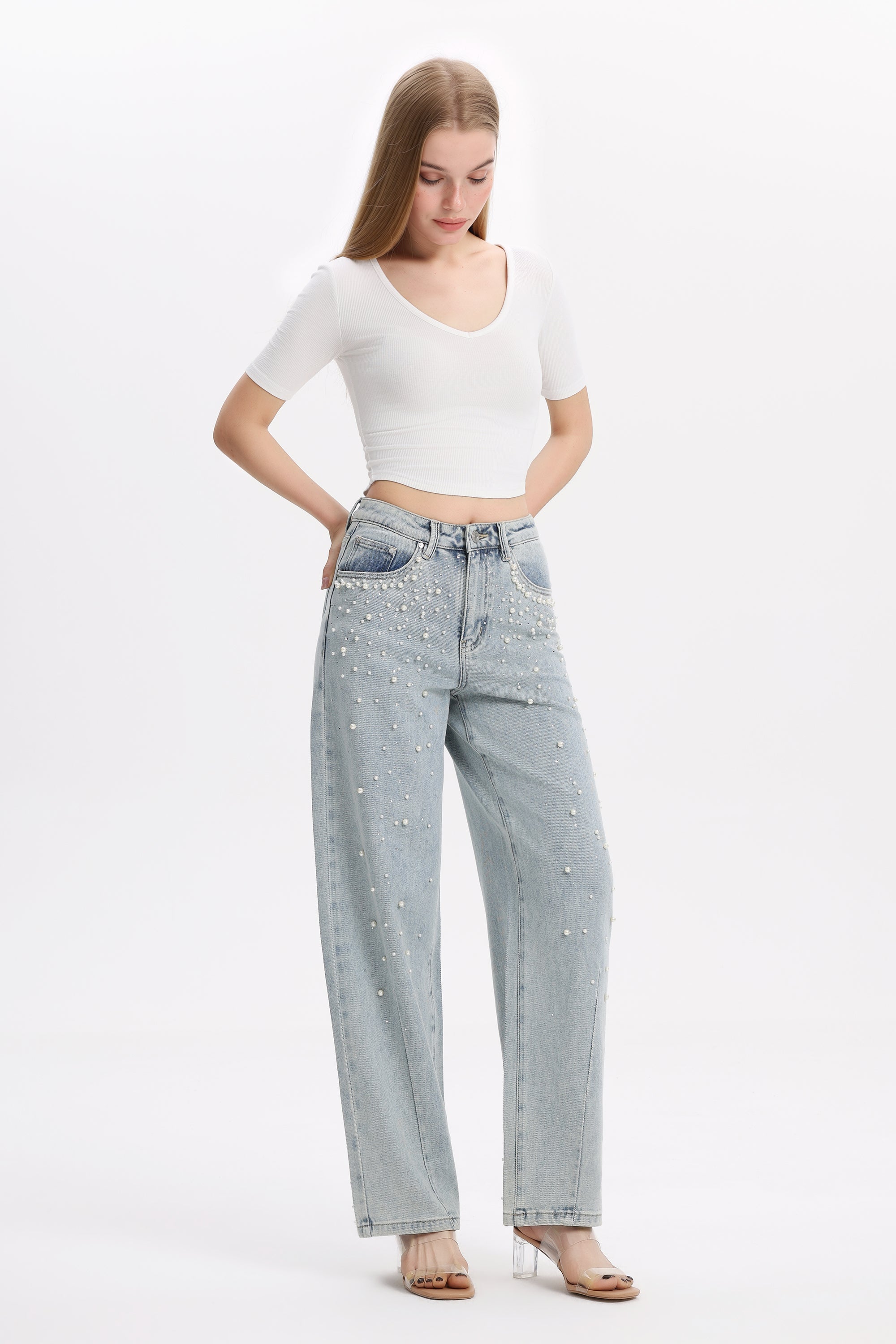 Pearl Embellished Barrel Leg Jeans