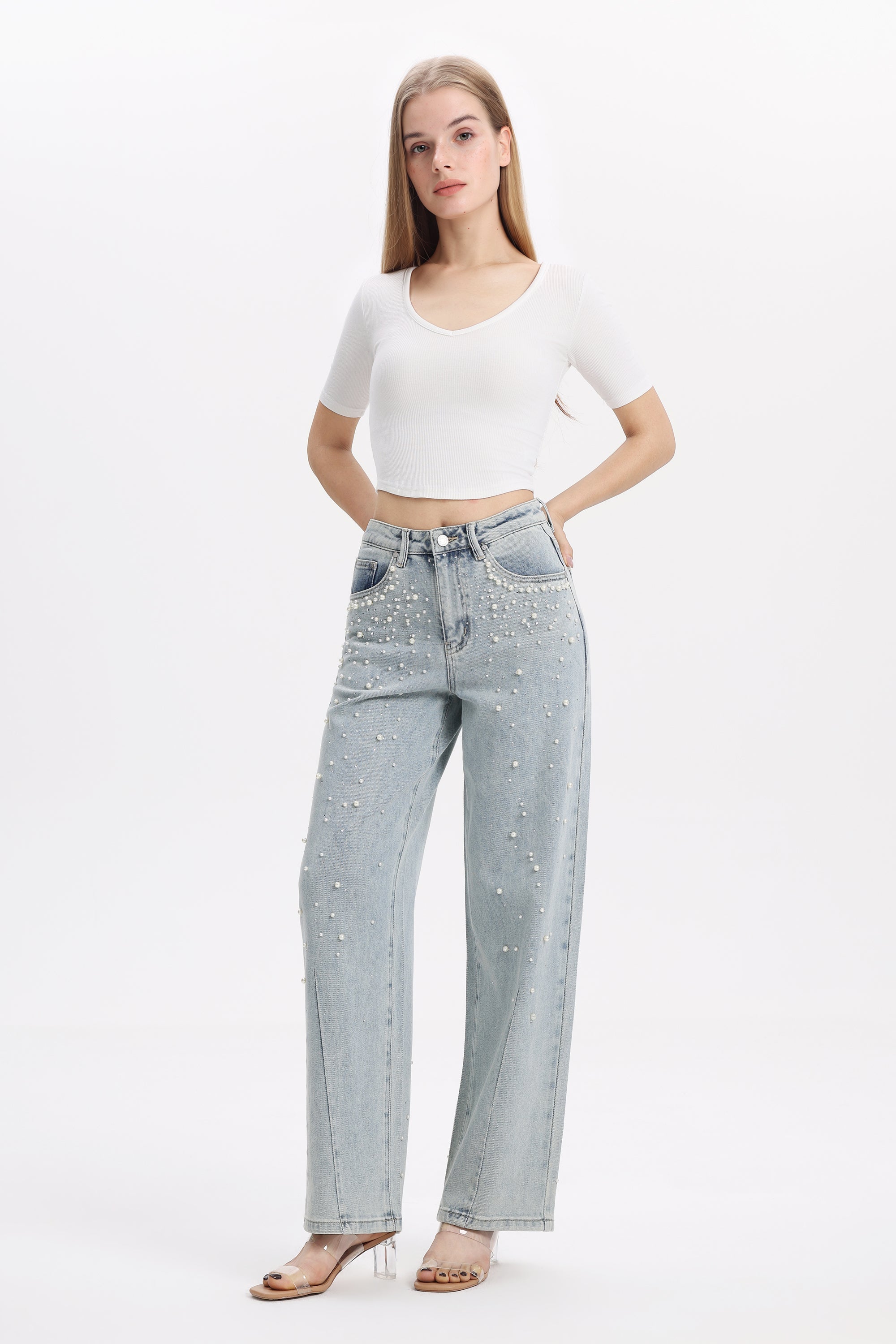 Pearl Embellished Barrel Leg Jeans