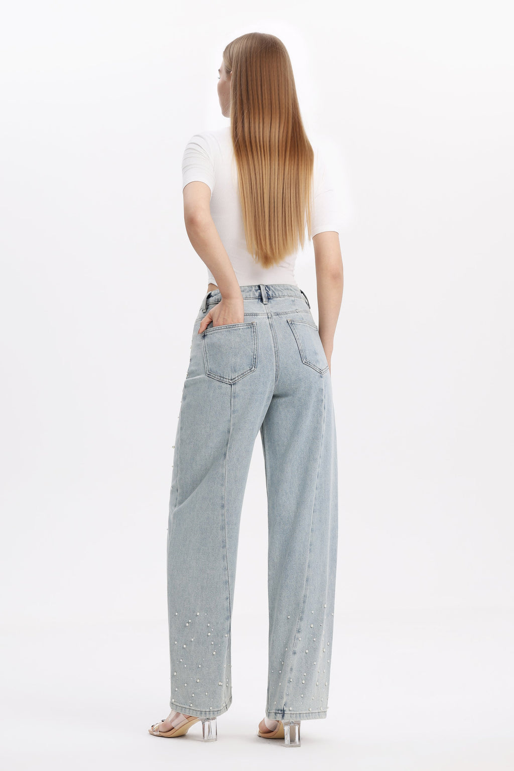 Pearl Embellished Barrel Leg Jeans
