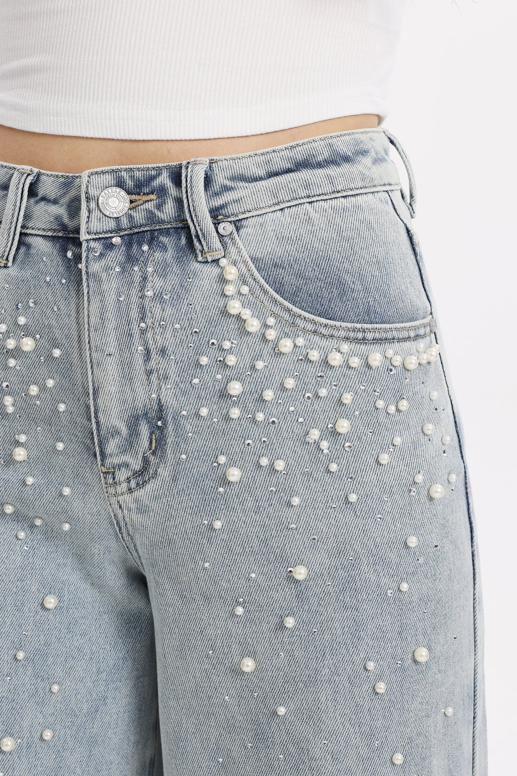 Pearl Embellished Barrel Leg Jeans
