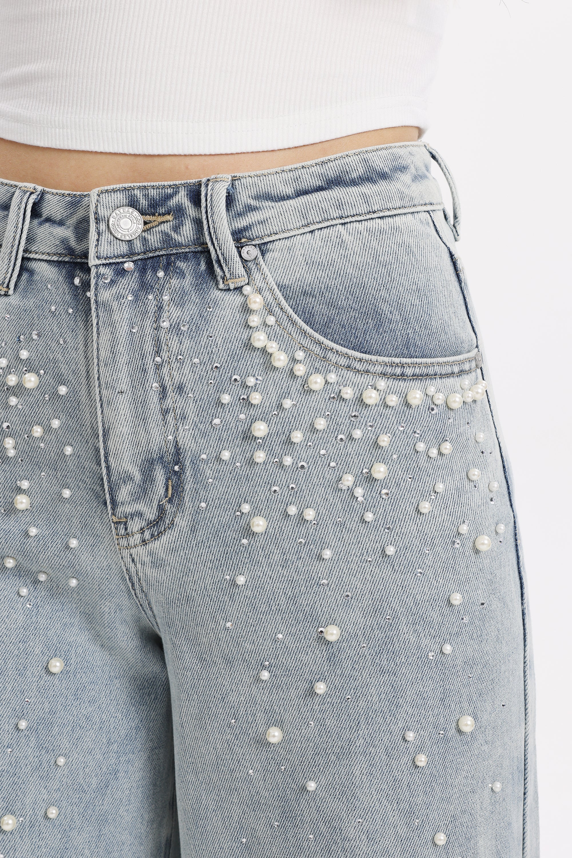Pearl Embellished Barrel Leg Jeans
