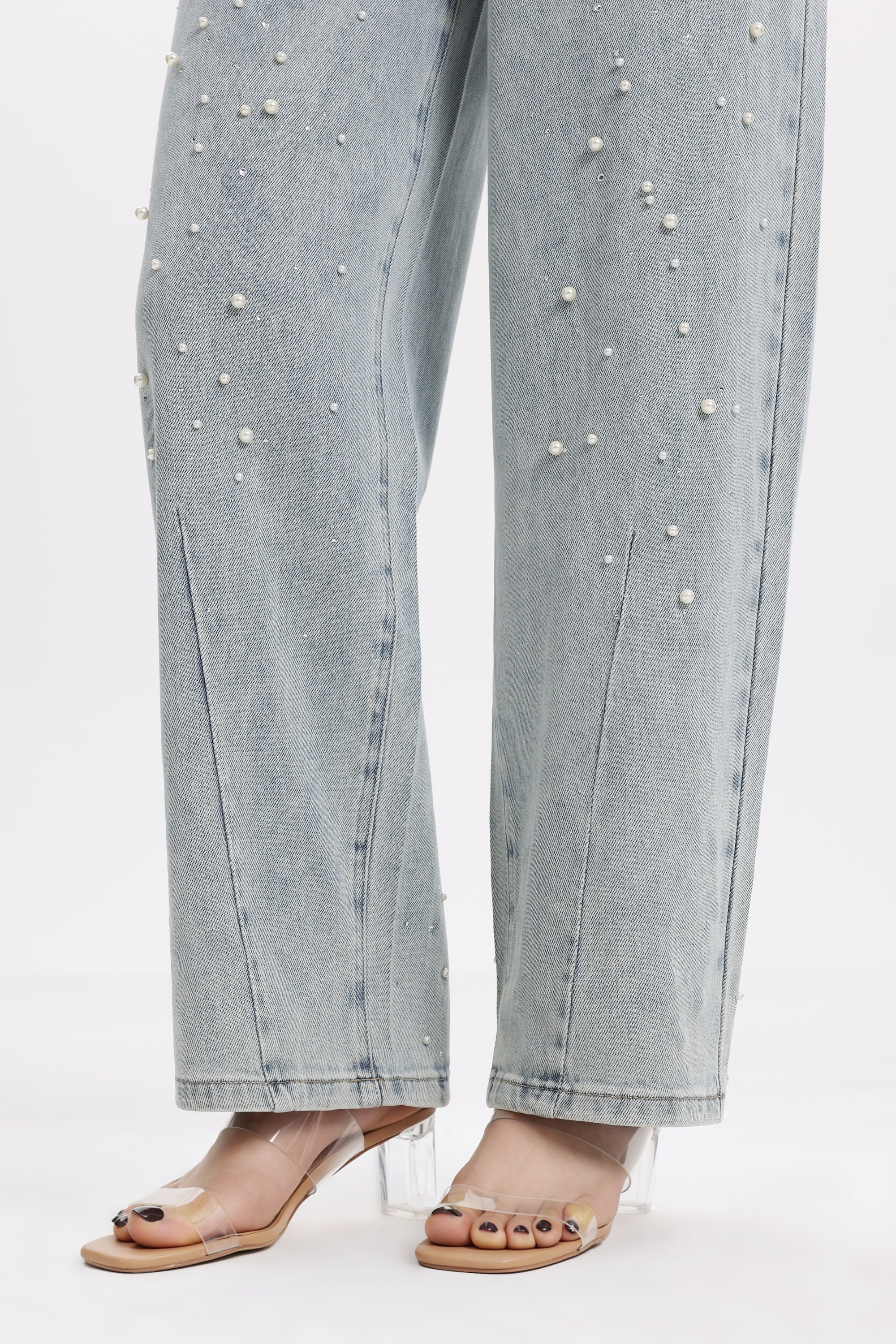 Pearl Embellished Barrel Leg Jeans