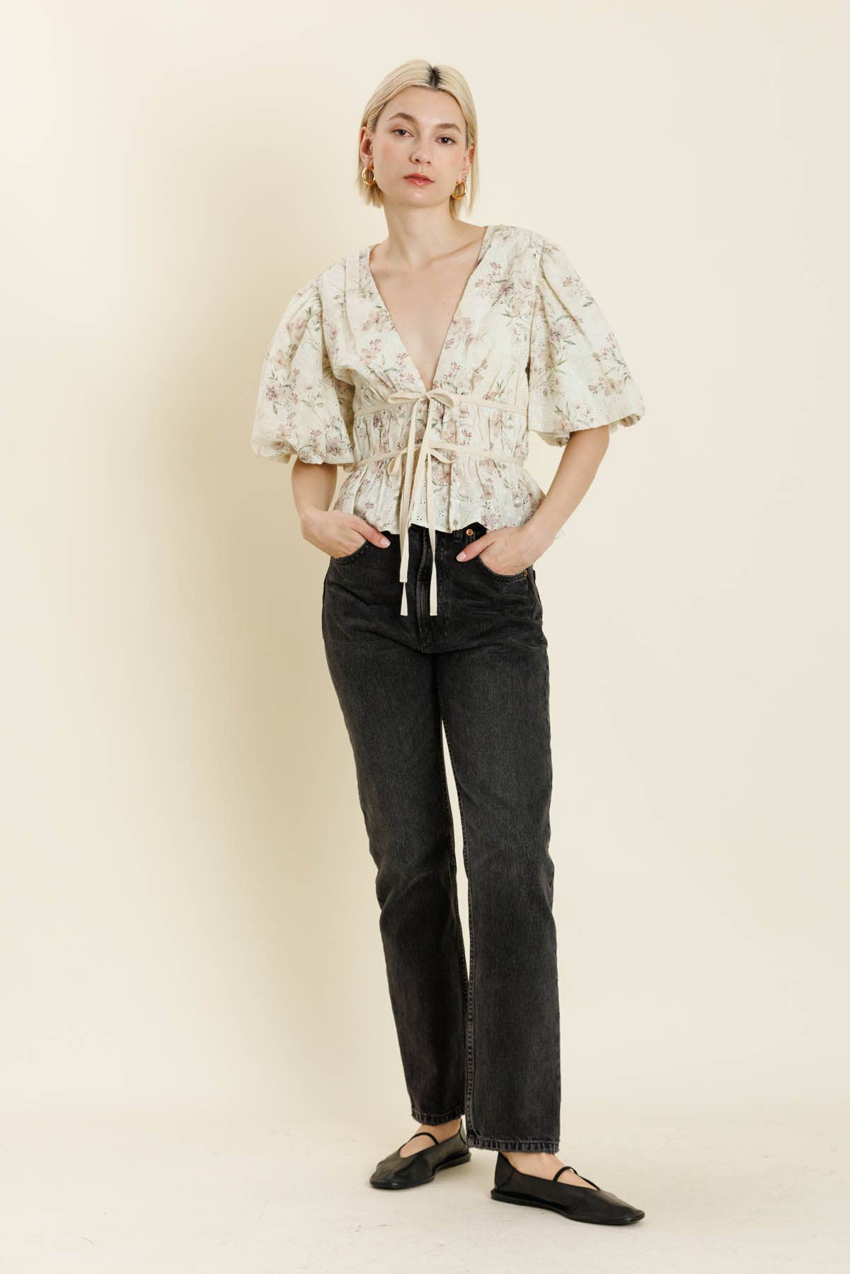 EMBROIERED EYELET PEPLUM TOP
