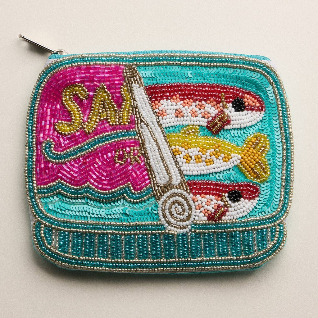 Beaded Sardine Can Coin Pouch – Hand-Embroidered Sequin Zip Pouch