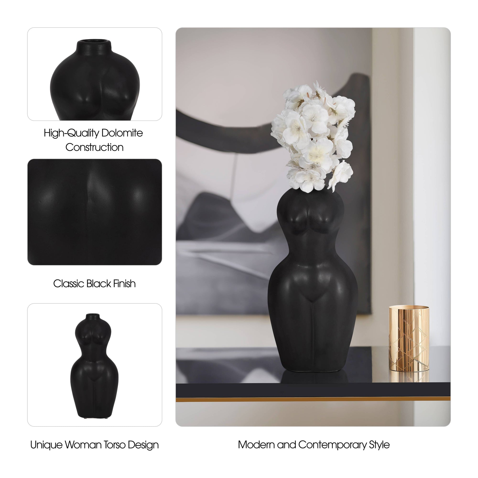 Ceramic Modern Woman Body Form Vase - Black, 12 in.