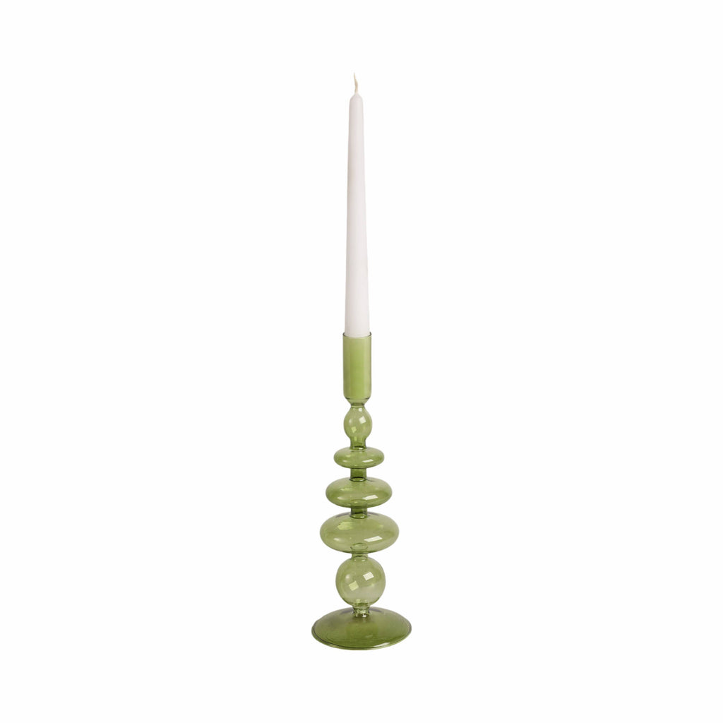 Glass Vintage Bubble Taper Candle Holder - Green, 11 in.
