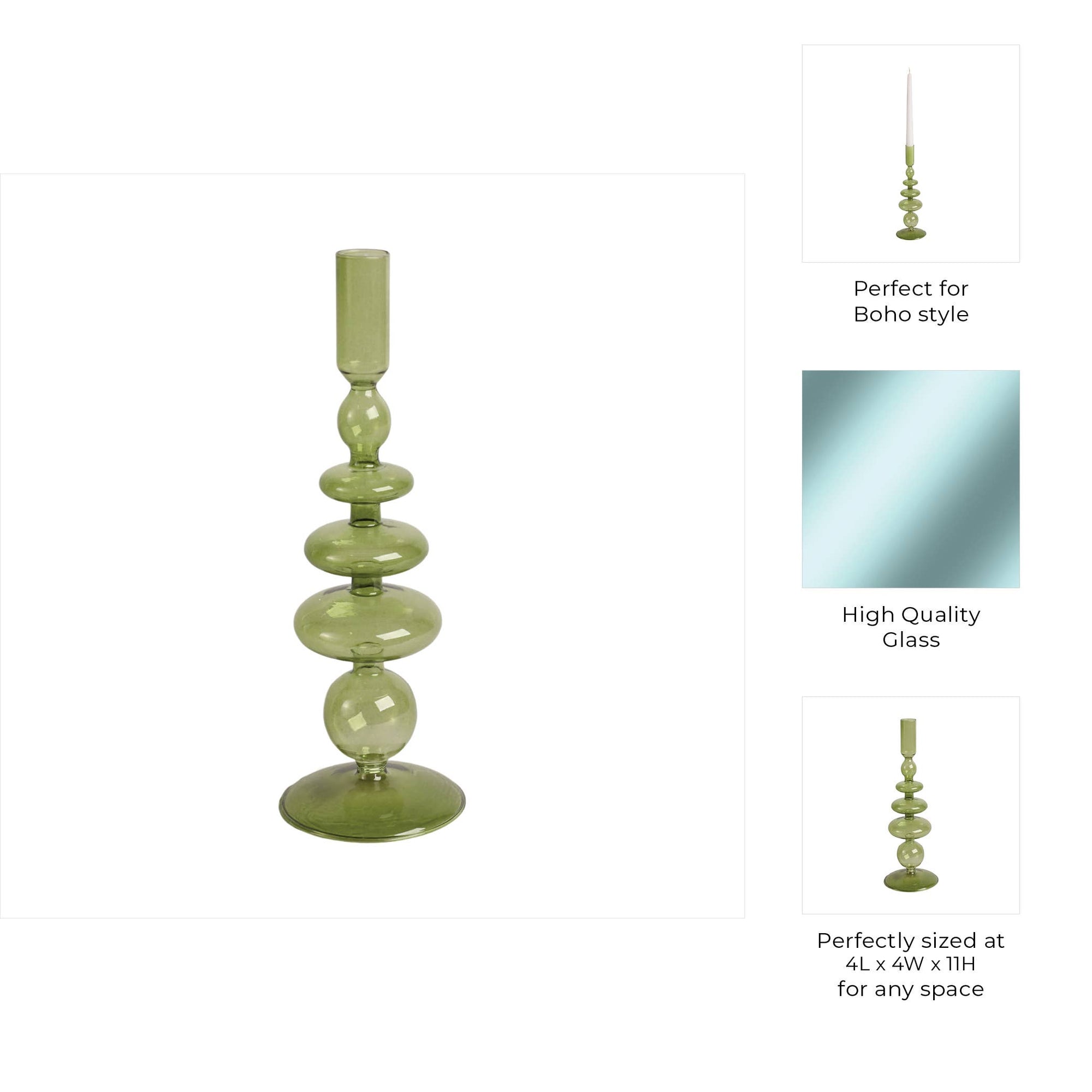 Glass Vintage Bubble Taper Candle Holder - Green, 11 in.