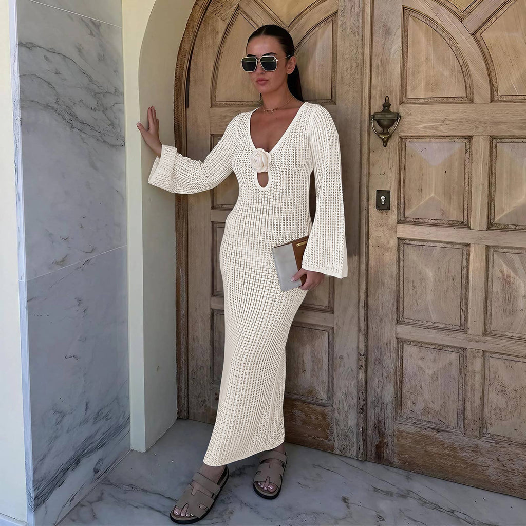 Floral Hollow Out Maxi Knit beach Dress swimsuit cover up