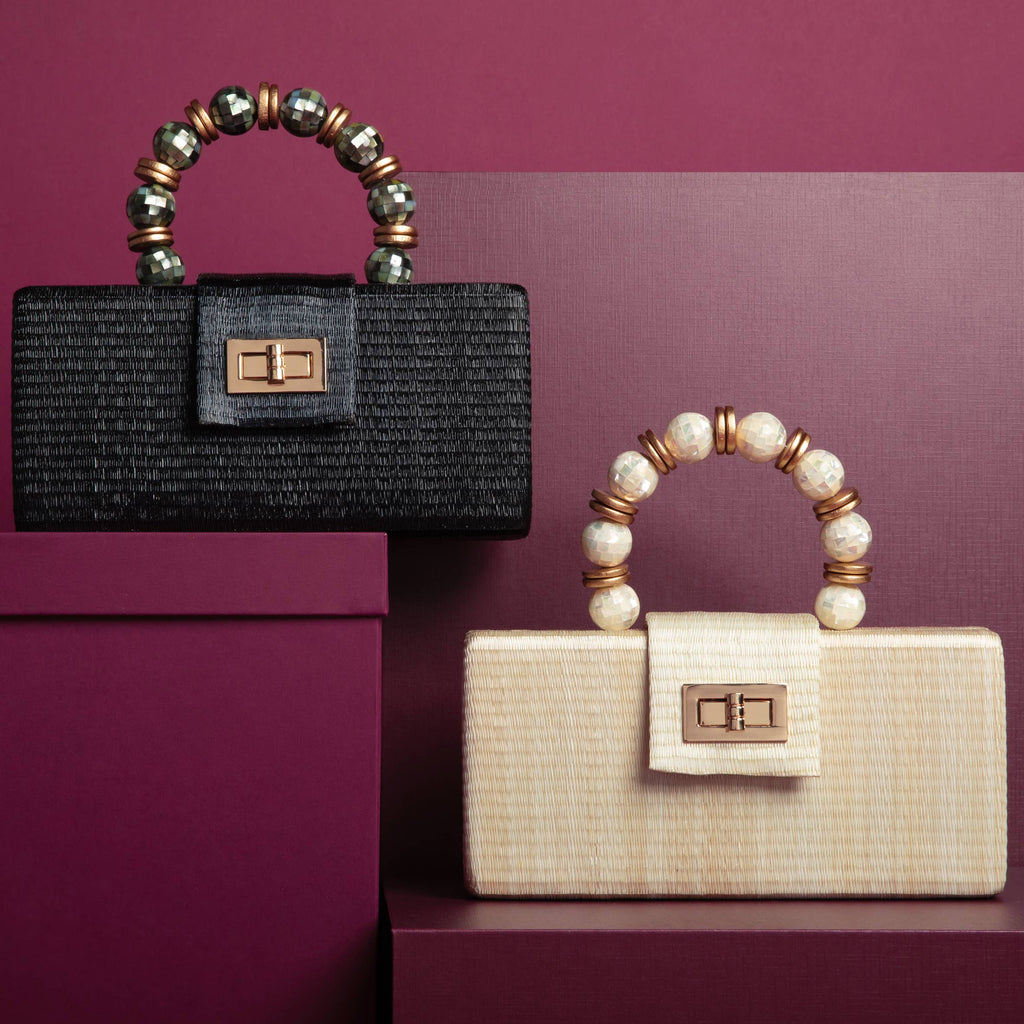 Party Clutch - Cream with Shell Inlay Bead Handle