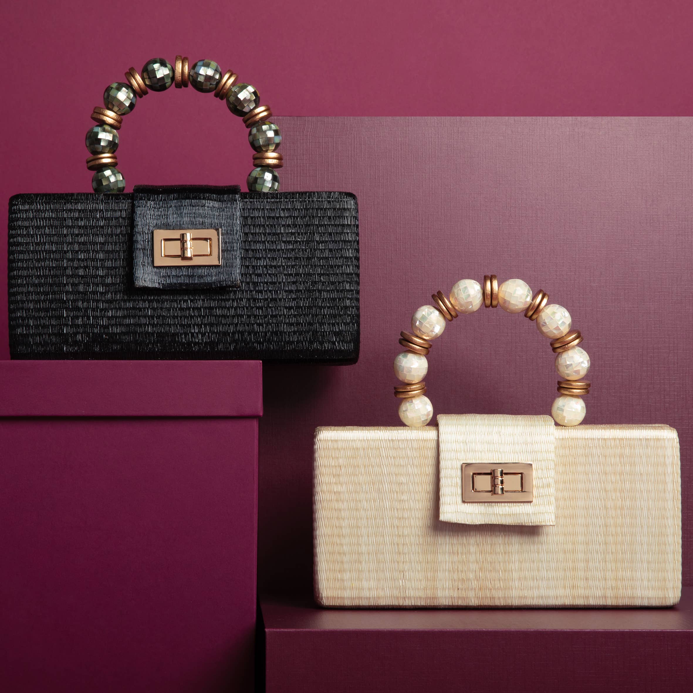 Evening Bag - Black with Shell Inlay Bead Handle
