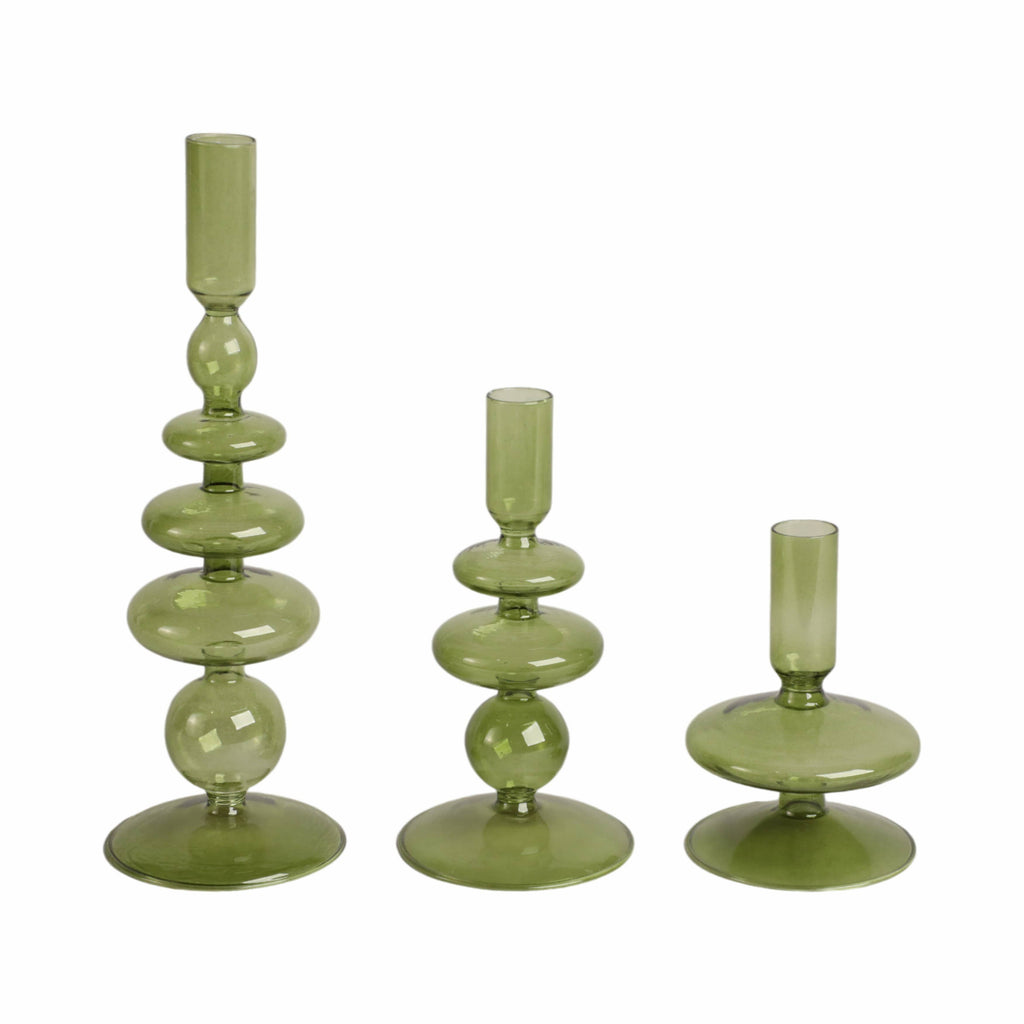 Glass Vintage Bubble Taper Candle Holder - Green, 11 in.