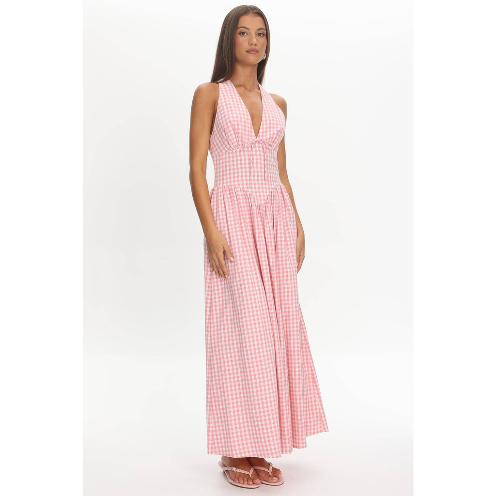 SLEEVELESS HALTER GINGHAM MAXI DRESS