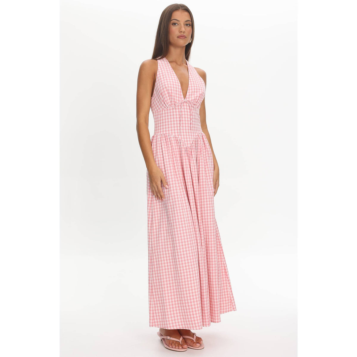 SLEEVELESS HALTER GINGHAM MAXI DRESS