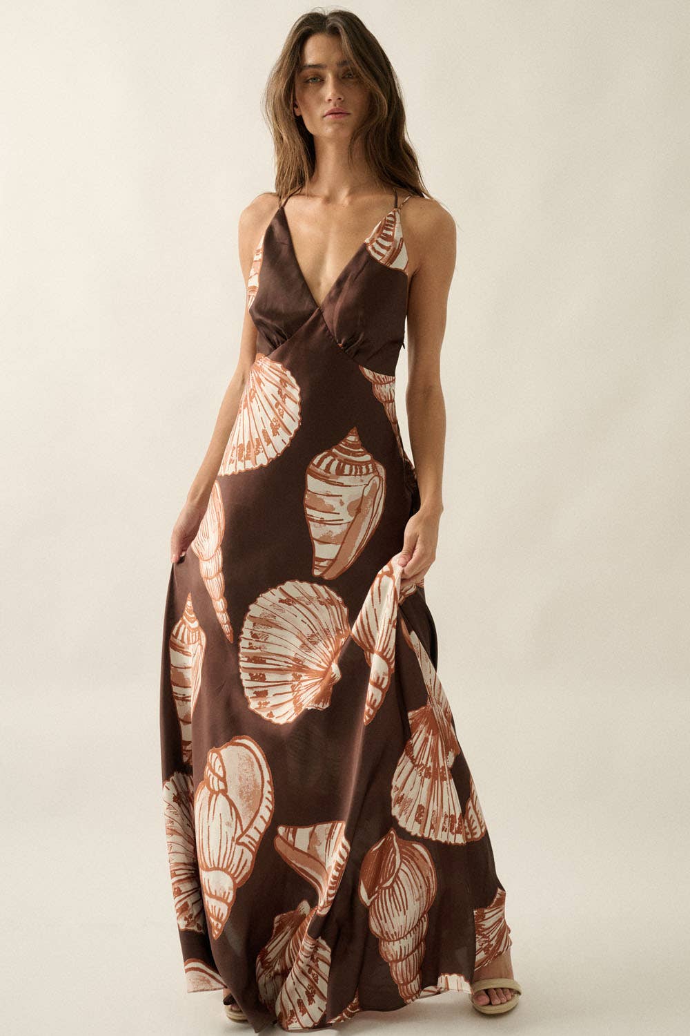 Seashell-Print Satin Halter V-Neck Open-Back Maxi Dress