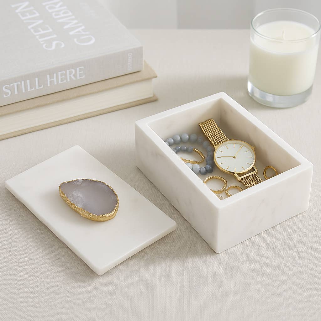 Marble Agate Top Lidded Storage Box - White/Gold, 3 in.