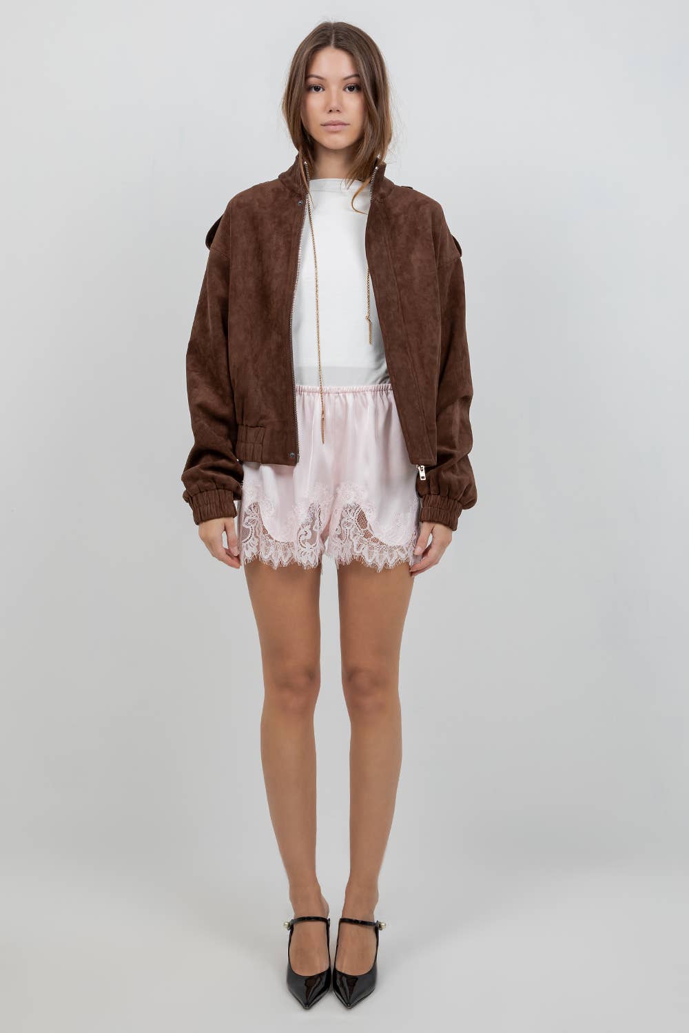 ELASTIC WAIST SATIN SHORTS WITH LACE POINTELLE