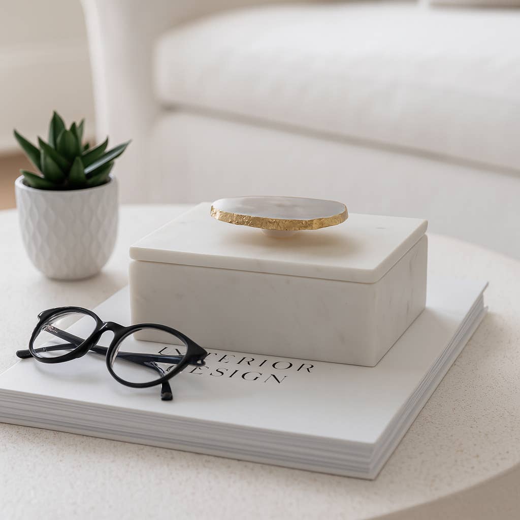 Marble Agate Top Lidded Storage Box - White/Gold, 3 in.