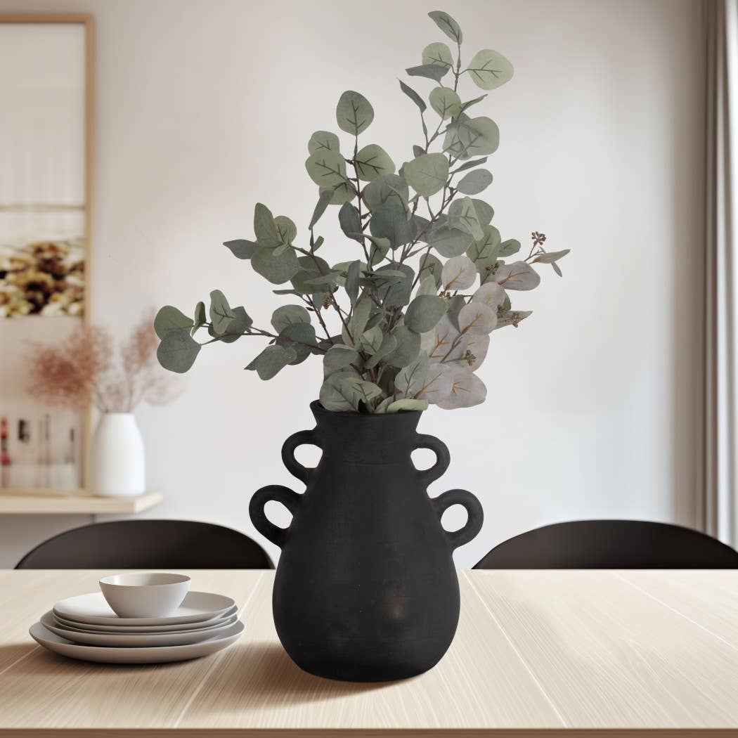 Ceramic Tall Flower Vase with 4 Handles - Black, 13 in.