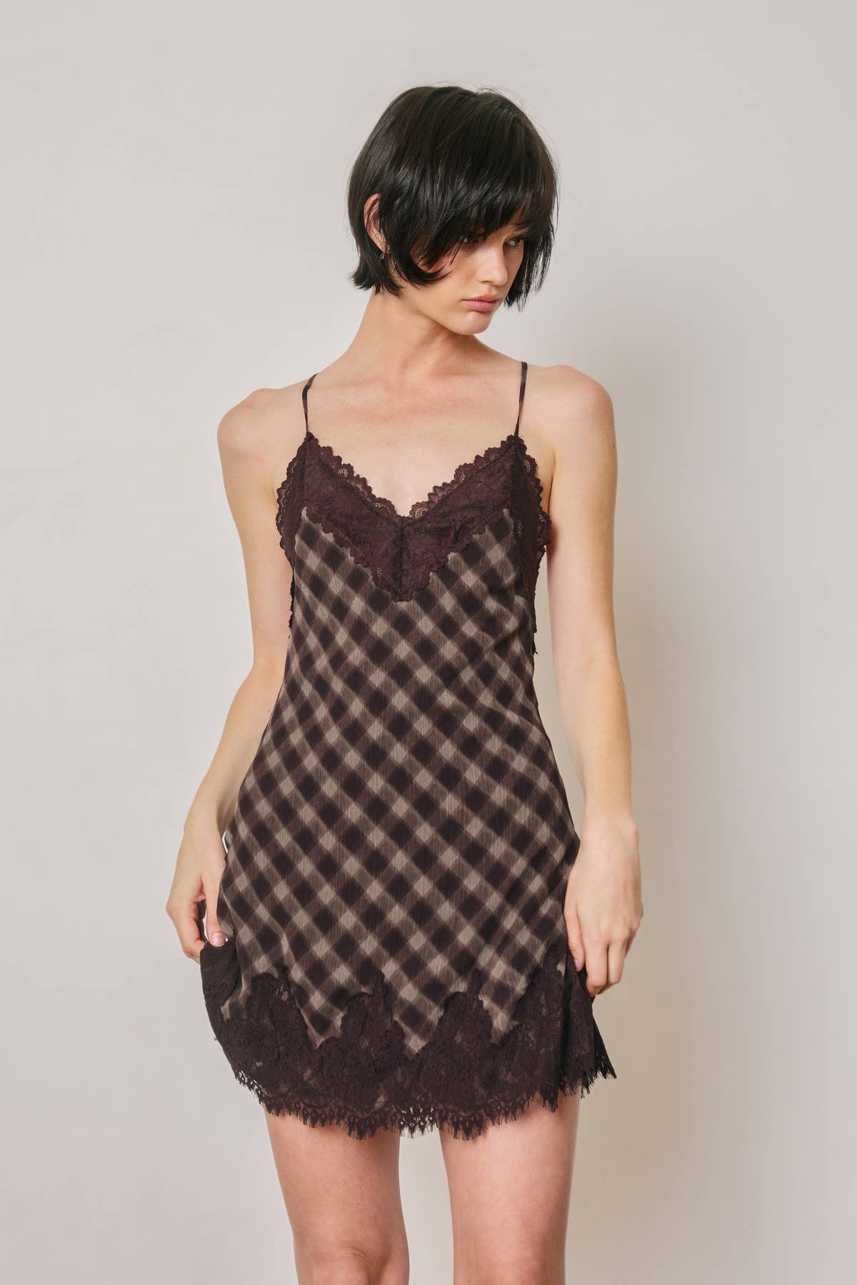 Checkered Lace Slip Mini Dress